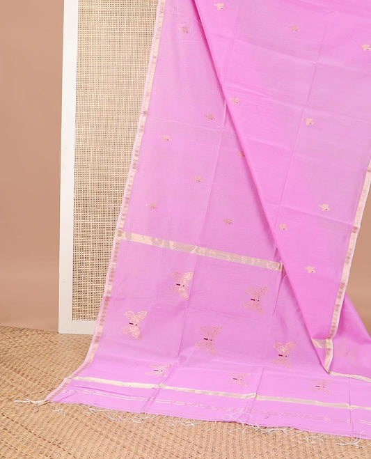 Light pink motifs maheswari cotton saree with contrast zari design border & butterfly motifs pallu