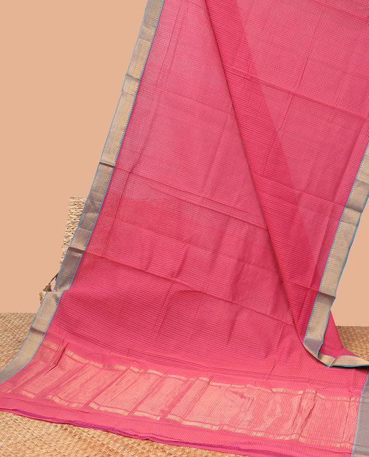 Red checked mangalagiri cotton saree with contrast striped, temple border & striped pallu