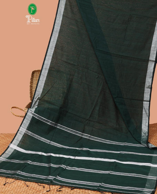 Dark green linen saree with self-border & striped pallu