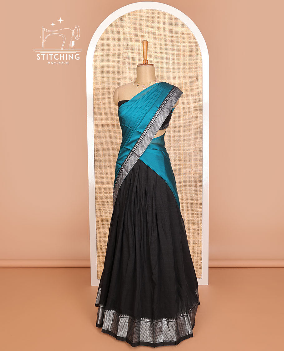 Black cotton half saree with self traditional zari design border, zari design blouse & plain, zari design border dhavani