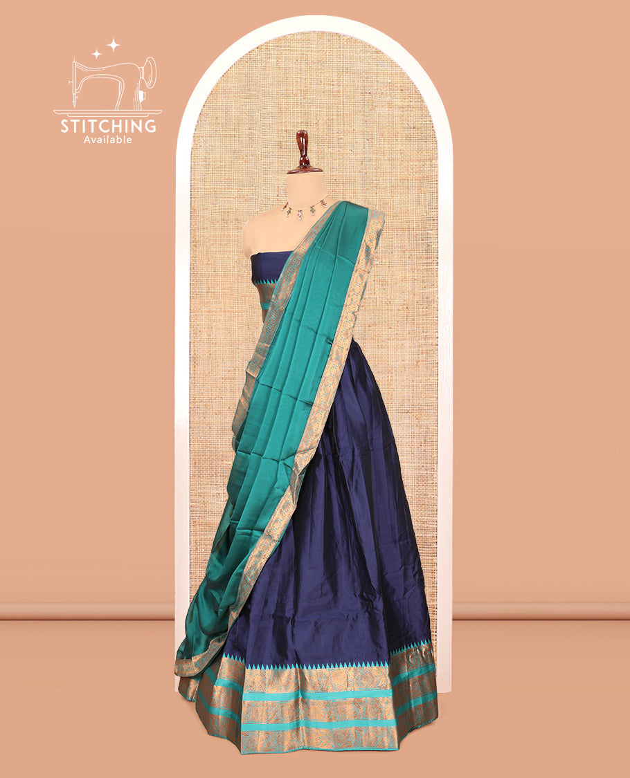 Navy Blue Semi-Banarasi Half-Saree Features Plain Skirt, Contrast Floral Creeper Zari Border, Matching Blouse, Contrast Dhavani