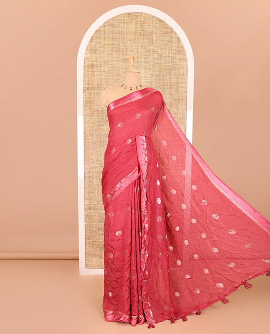 Dusky pink floral zari buttas viscose khadi silk saree, traditional zari satin border, floral zari buttas woven pallu, and a matching zari design blouse