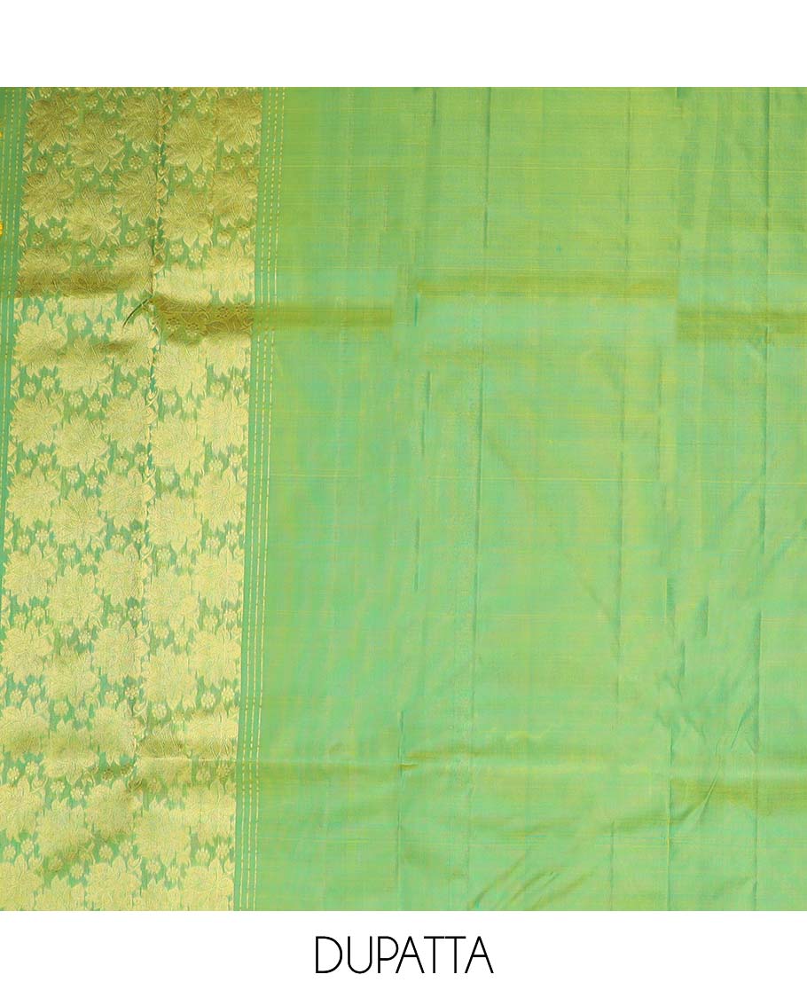 Blue floral buttas pure silk half saree with contrast zari border,  contrast zari design blouse & plain with zari border dhavani