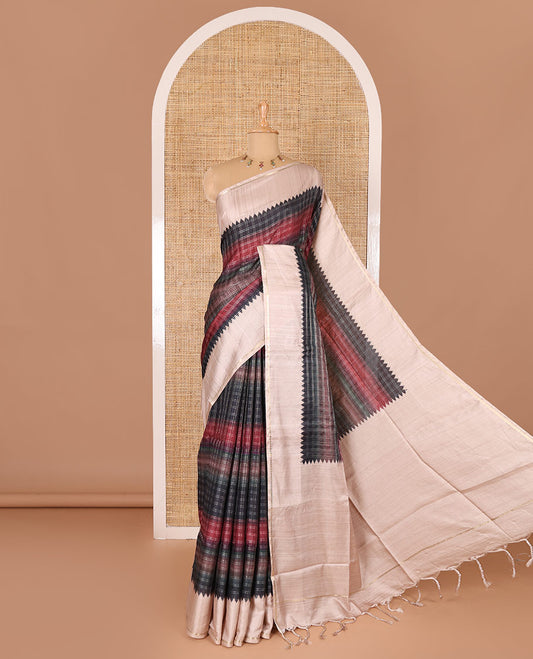 Purple multi-color dyed with zari checked semi-tussar saree, contrast temple border of zari stripes, plain pallu, and contrast plain blouse