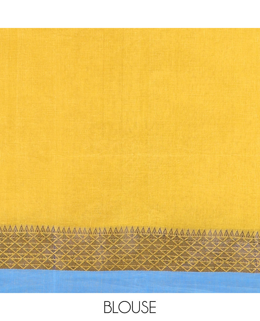 Yellow Bengal Cotton Saree, Subtly Woven with Thread Buttas All Over Its Body, Complemented by a Contrast Border of Temple and Jaal Designs, Pallu of Stripes and Buttas, and Comes Without a Blouse