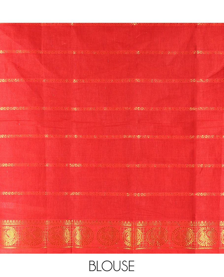 Green Plain Sungudi Cotton Saree, Highlighted by Traditional Zari Border of Peacock and Elephant Motifs Weave, Subtly Striped Pallu, and Paired with a Contrast Veldhari Design Blouse