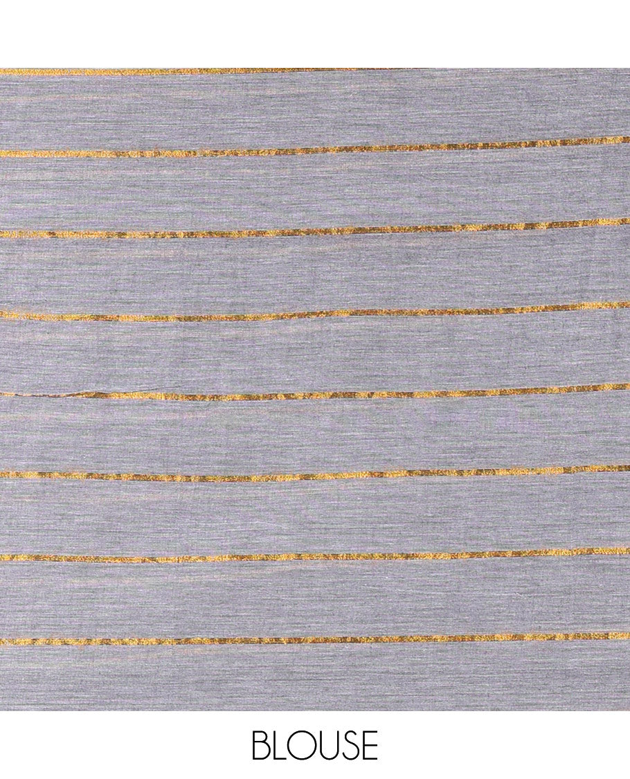 Grey and Black Khadi Mul Cotton Saree, Elevated with Horizontal Zari Stripes on Its Body, Zari Piping Border, Subtly Striped Pallu, and Paired with a Contrast Blouse