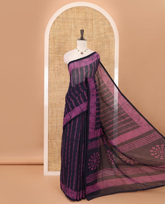 Navy blue handblock wax batik printed kota check saree, contrast batik print lacework border, batik print pallu & polka dots print blouse