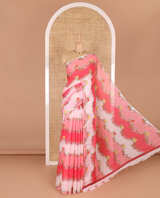 Borderless pink rangkat style dyed and floral printed linen cotton saree with a contrast printed blouse