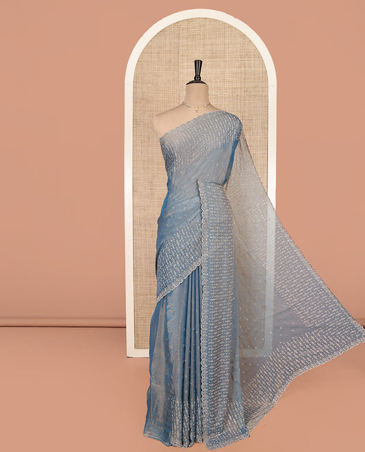 Blue Designer Saree Featuring Stonework, Scallop Stonework Border, Self Pallu, and Matching Blouse