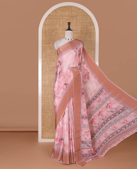 Pink floral digitally printed Turkey crepe saree, striped border, floral printed pallu, and matching floral printed blouse