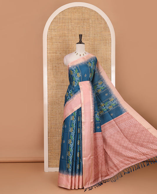Blue Jamdani-style floral printed katan silk saree, contrast bentex border, geometric printed pallu, and contact printed blouse