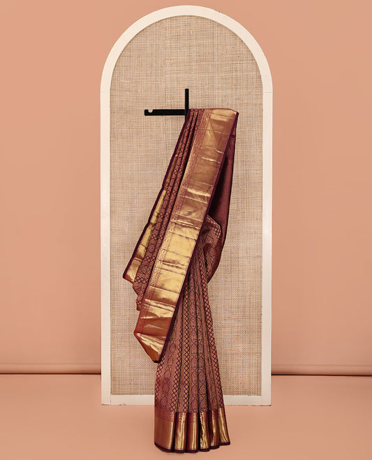 Purple Kanchipuram Wedding Silk Saree, Subtly Enriched with Jacquard Design On Its Body, Highlighted by Zari Border of Salngai, Rekku, and Diamond Designs, Jaal Pallu and Paired with a Matching Blouse