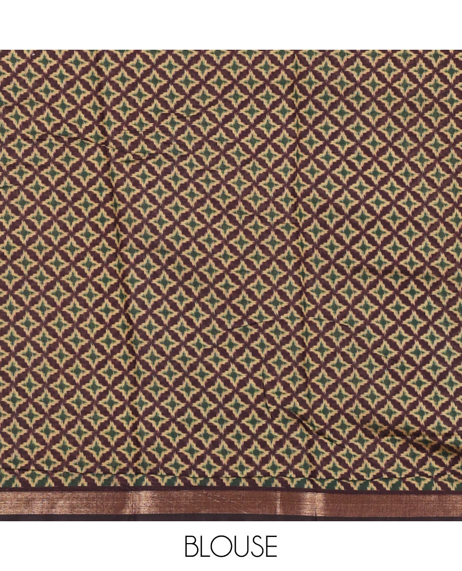 Wine geometric printed Muslin cotton saree, zari border, geometric printed pallu & printed blouse