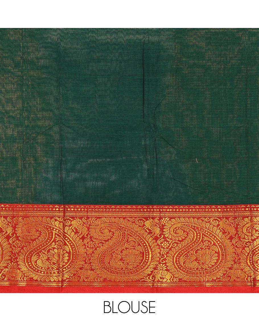 Green plain design mercerised cotton saree, contrast traditional peacock enclosed manga border, striped pallu & matching blouse