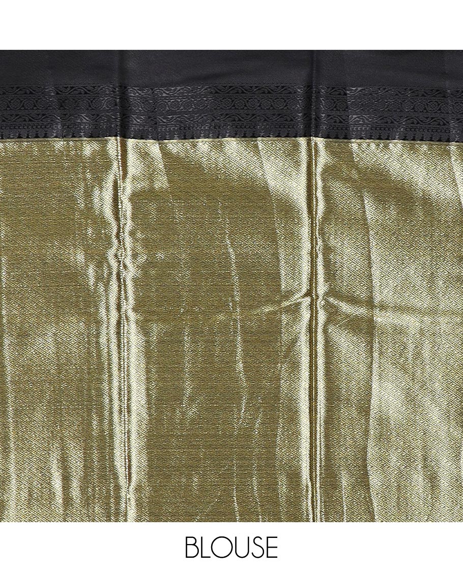 Yellow micro checked style woven budget silk saree, contrast black thread woven border of traditional motifs, and jaal pallu