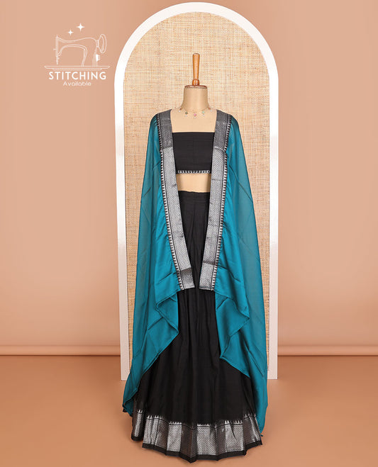 Black cotton half saree with self traditional zari design border, zari design blouse & plain, zari design border dhavani