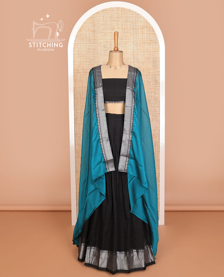 Black cotton half saree with self traditional zari design border, zari design blouse & plain, zari design border dhavani
