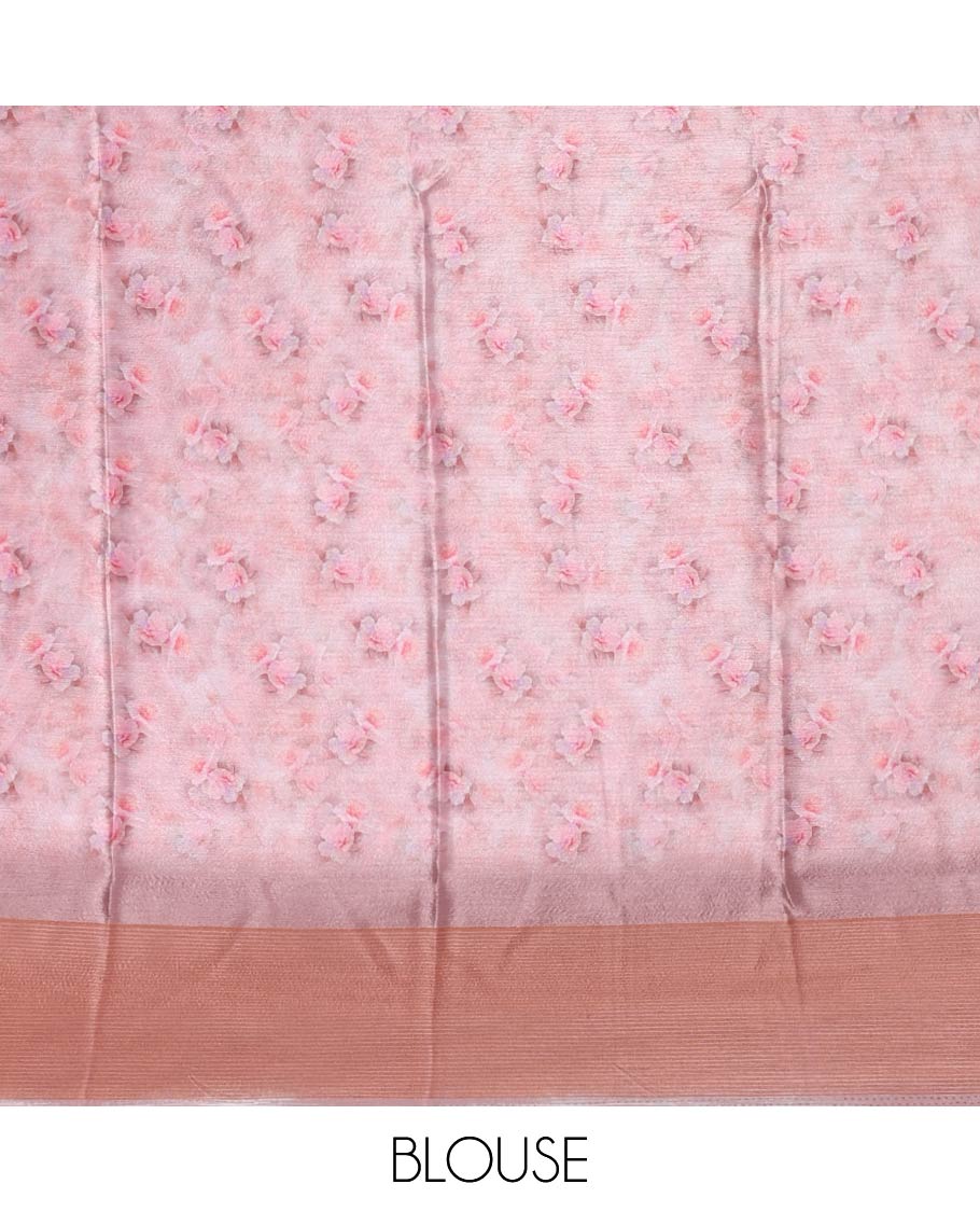 Pink floral digitally printed Turkey crepe saree, striped border, floral printed pallu, and matching floral printed blouse