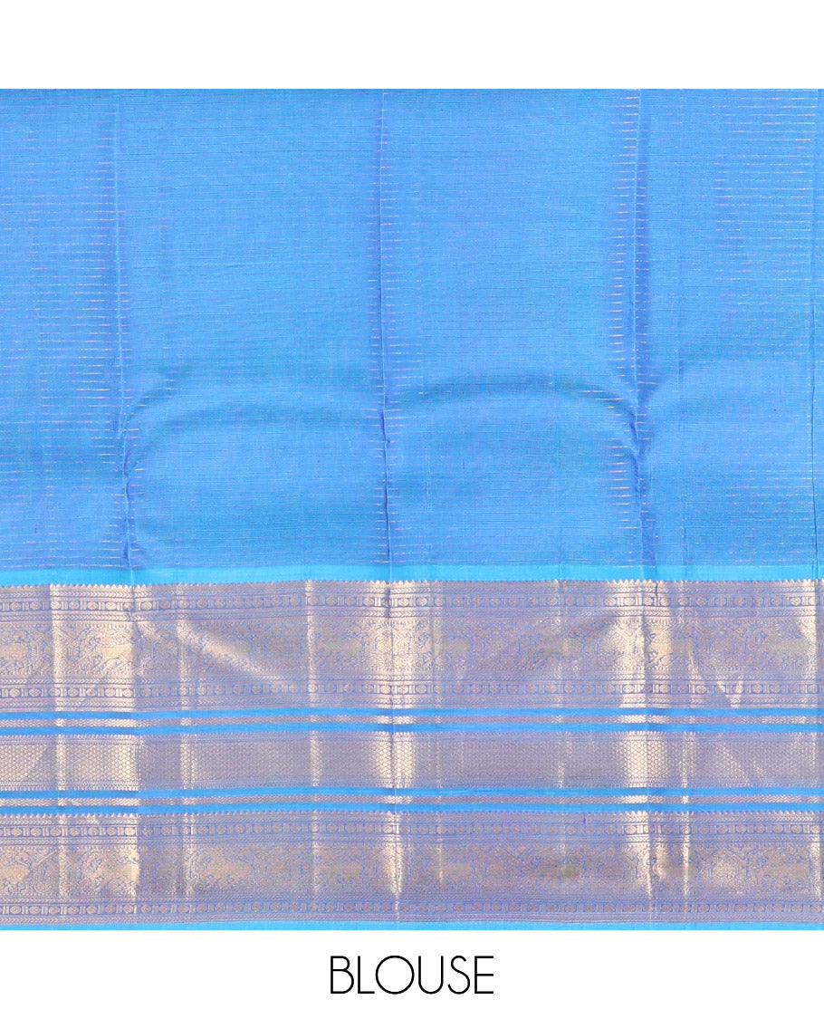 Blue Iruthalai Pakshi and Checked Kanchipuram Silk Saree, a Zari Border of Rekku, Kathir, Rudraksham, Yaali, Mayil Kann, Neli, Kamalam and Mayil Designs, Jaal Pallu, and a Matching Blouse