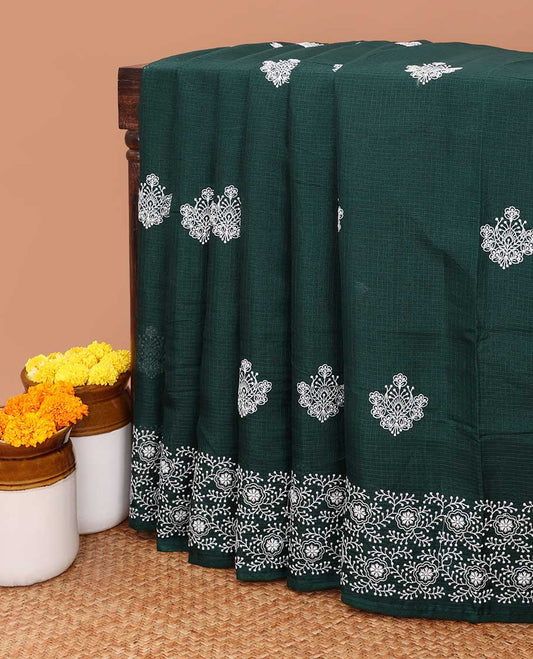 Olive green allover lucknowi chikankari design kotta checks saree with running blouse