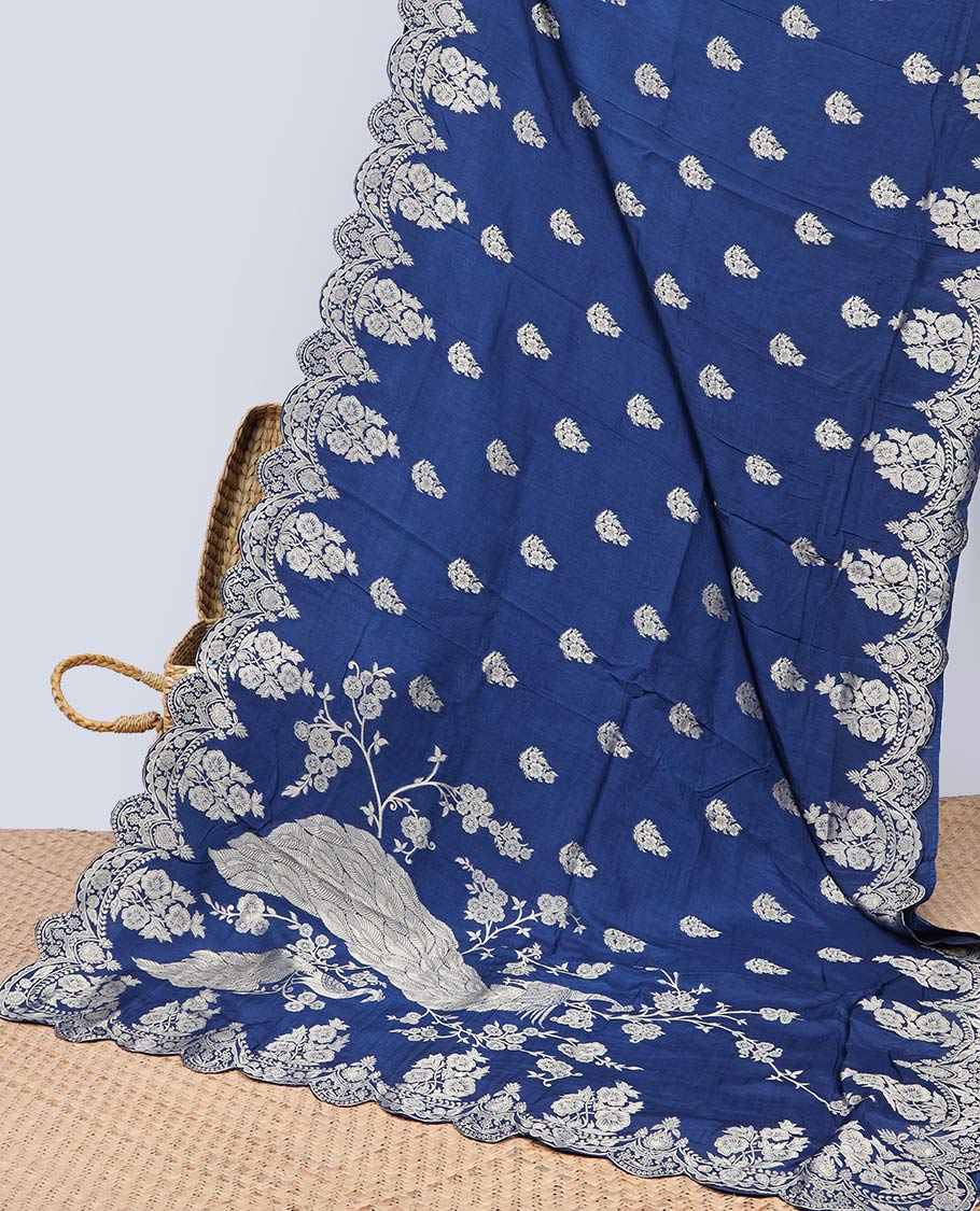 Blue floral motifs semi-banaras dola silk saree with scallop border & peacock design pallu
