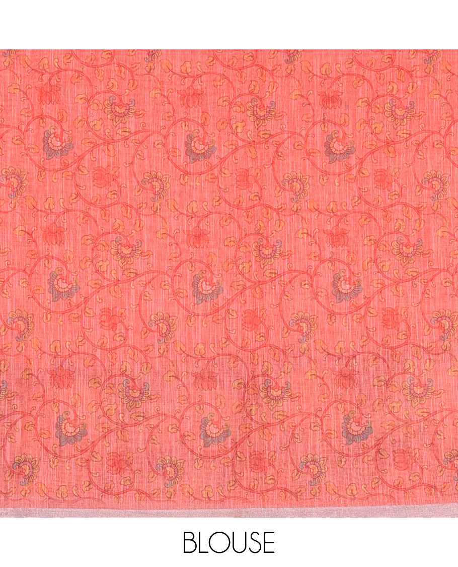 Peach mirror thread embroidered linen saree, contrast kalamkari peacock printed border, pallu of kalamkari peacock and human figurines print, and printed blouse