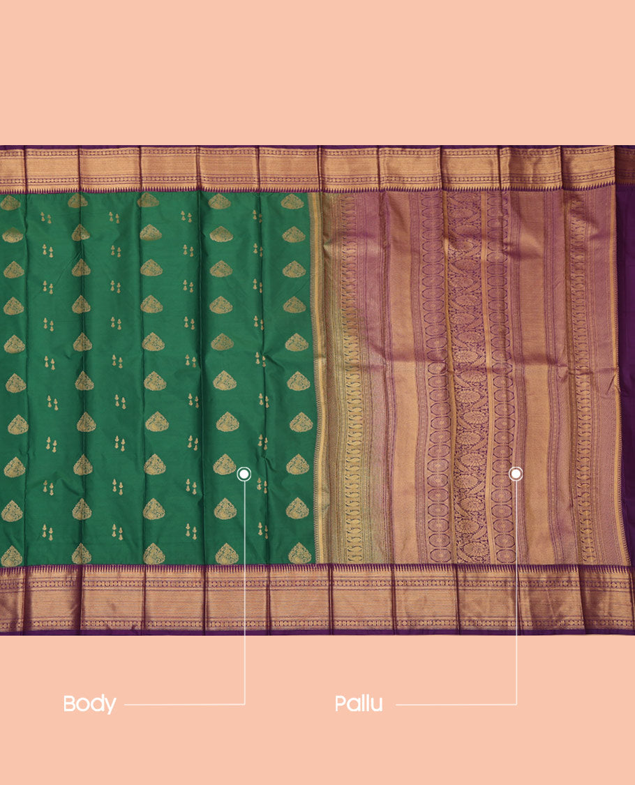 Green Budget Silk Saree, Decorated with Zari Buttas, a Contrast Traditional Zari Border, Grand Pallu, and a Contrast Blouse