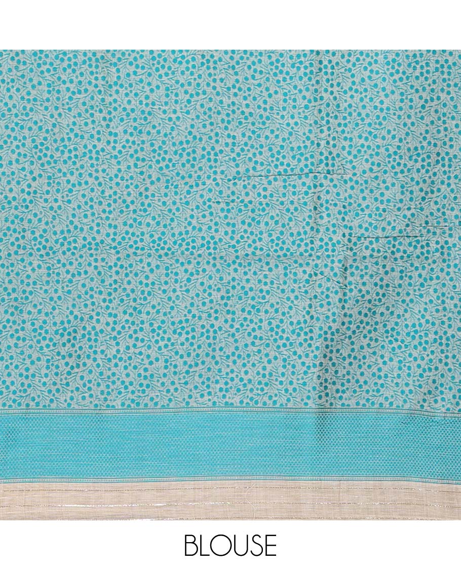 Chikku and rama blue munga cotton saree with round tree buttas, traditional thread motifs woven border, round tree motifs pallu, and thread woven blouse