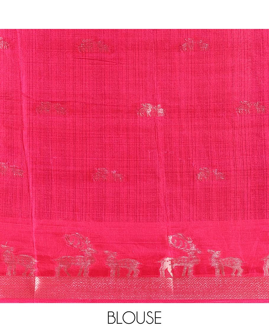 Blue deer copper zari buttas dola silk saree, contrast chevron and deer motifs zari border, deer motifs pallu, and contrast deer motifs blouse