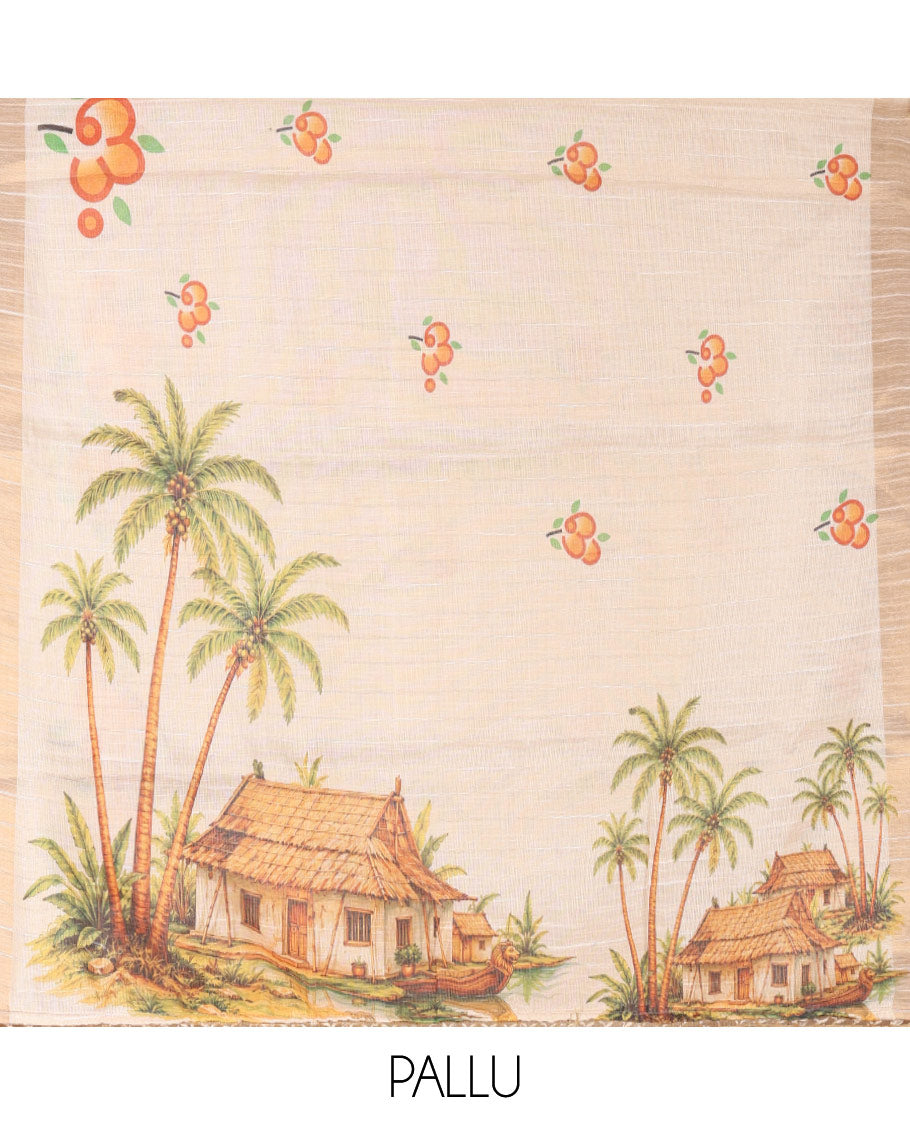 Cream Kerala Cotton Saree, Adorned with Flower Print, Zari Border, Pallu of Kerala Scenery Print, and a Matching Blouse