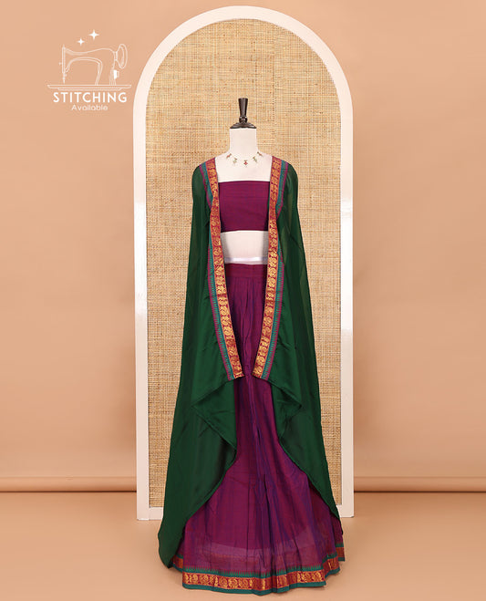 Purple mercerized cotton half-saree, plain & contrast peacock motifs gold zari temple border skirt, matching blouse & temple zari border vichitra silk dhavani