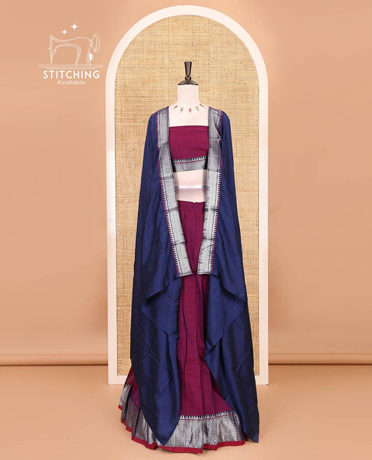Magenta Mercerised cotton half-saree, plain & contrast mayil kann temple border skirt, matching blouse & contrast zari border syska georgette dhavani