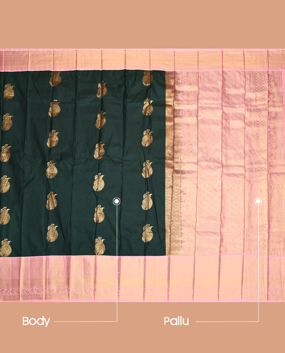 Green Budget Silk Saree, Decorated with Zari Buttas, Contrast Traditional Zari Border, Intricately Designed Pallu, and a Contrast Blouse
