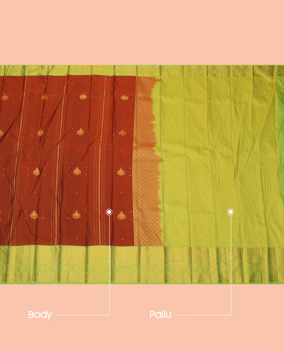 Rust Budget Silk Saree, Enthralled with Zari Buttas and Stripes, a Contrast Traditional Zari Border, Grand Pallu, and a Contrast Blouse