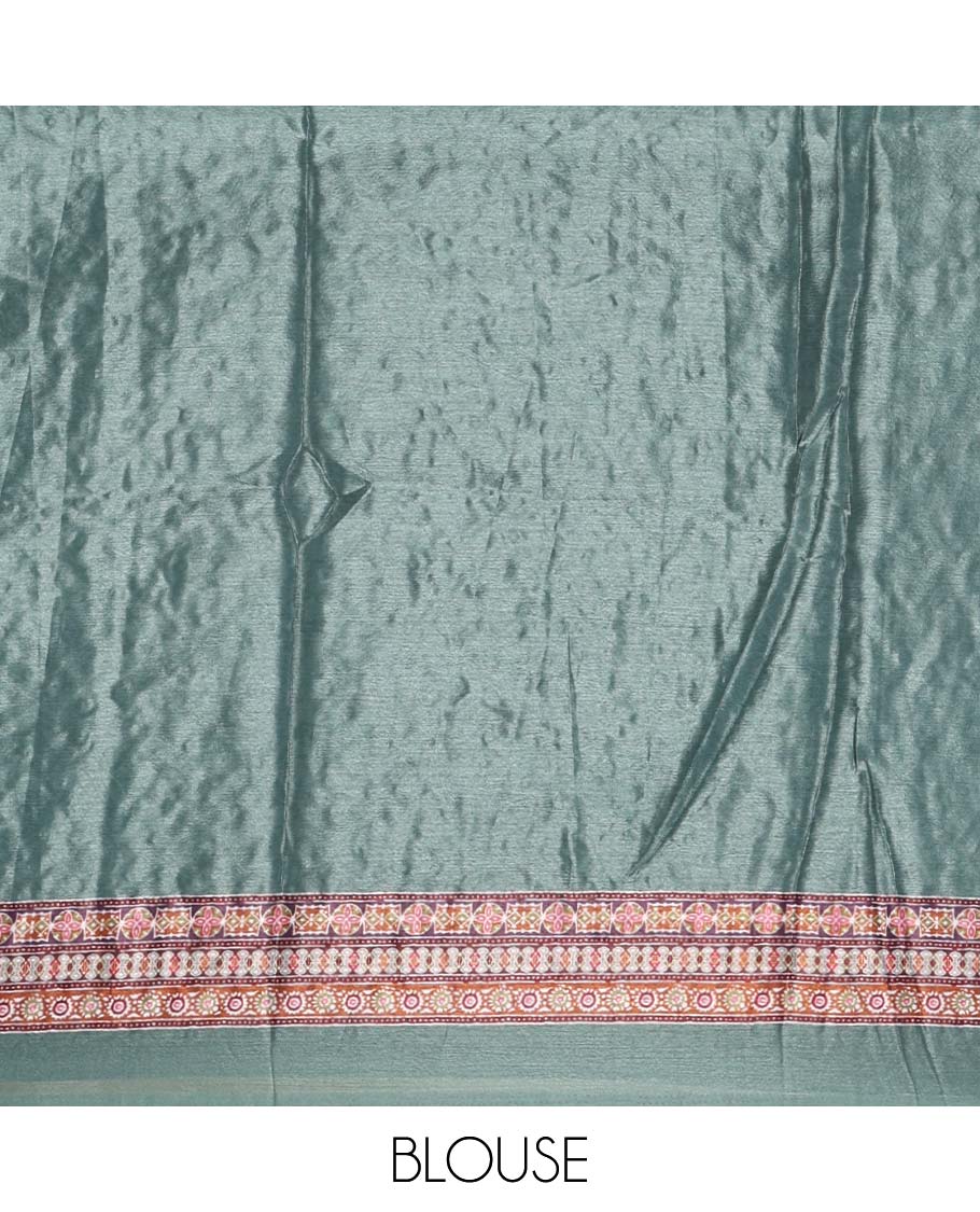 Green-base colorful pasiley-theme printed & real mirror embroidery masakali saree, self-border & pallu of print & mirror work