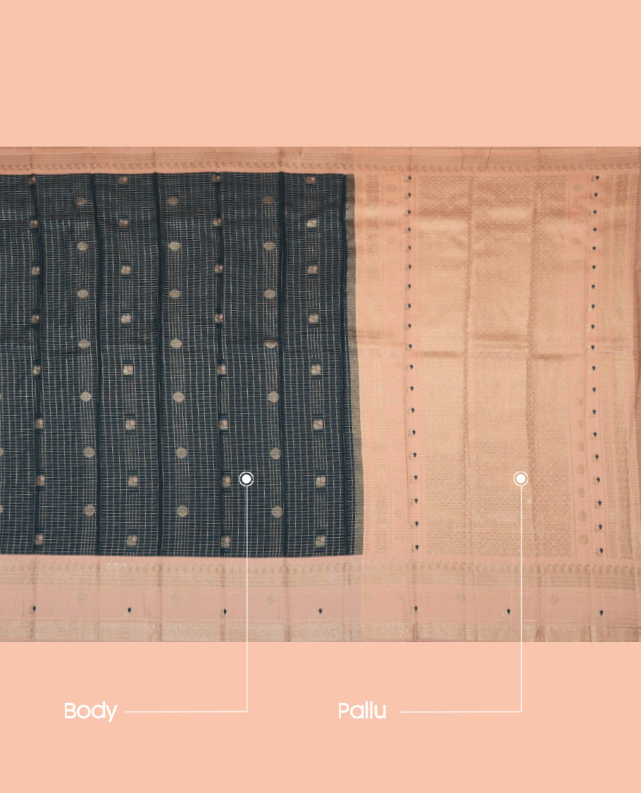 Green Litchi Saree, Bedecked with Peacock-Chakram Buttas and Checks, a Contrast Traditional Zari Border, Finely Crafted Pallu, and a Contrast Blouse