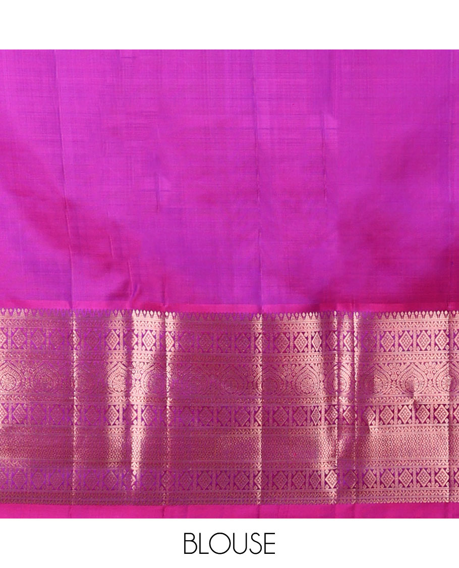 Green buttas kancheepuram silk saree with contrast intricate zari border & animal, floral enclosed checked design pallu