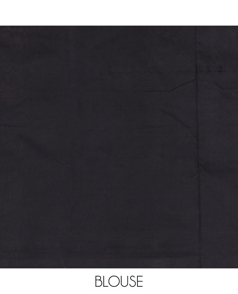 Half white intricate motifs featured ikkat cotton saree, contrast plain border, ikkat design pallu, and contrast plain blouse