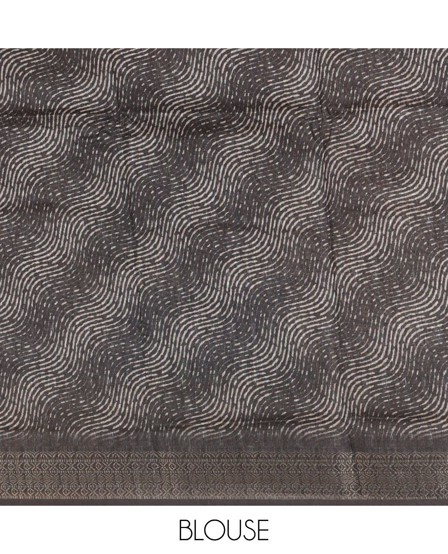 Chikku lehariya stripes printed semi-jute saree, contrast geometric zari border, printed pallu, & black blouse of print & zari work