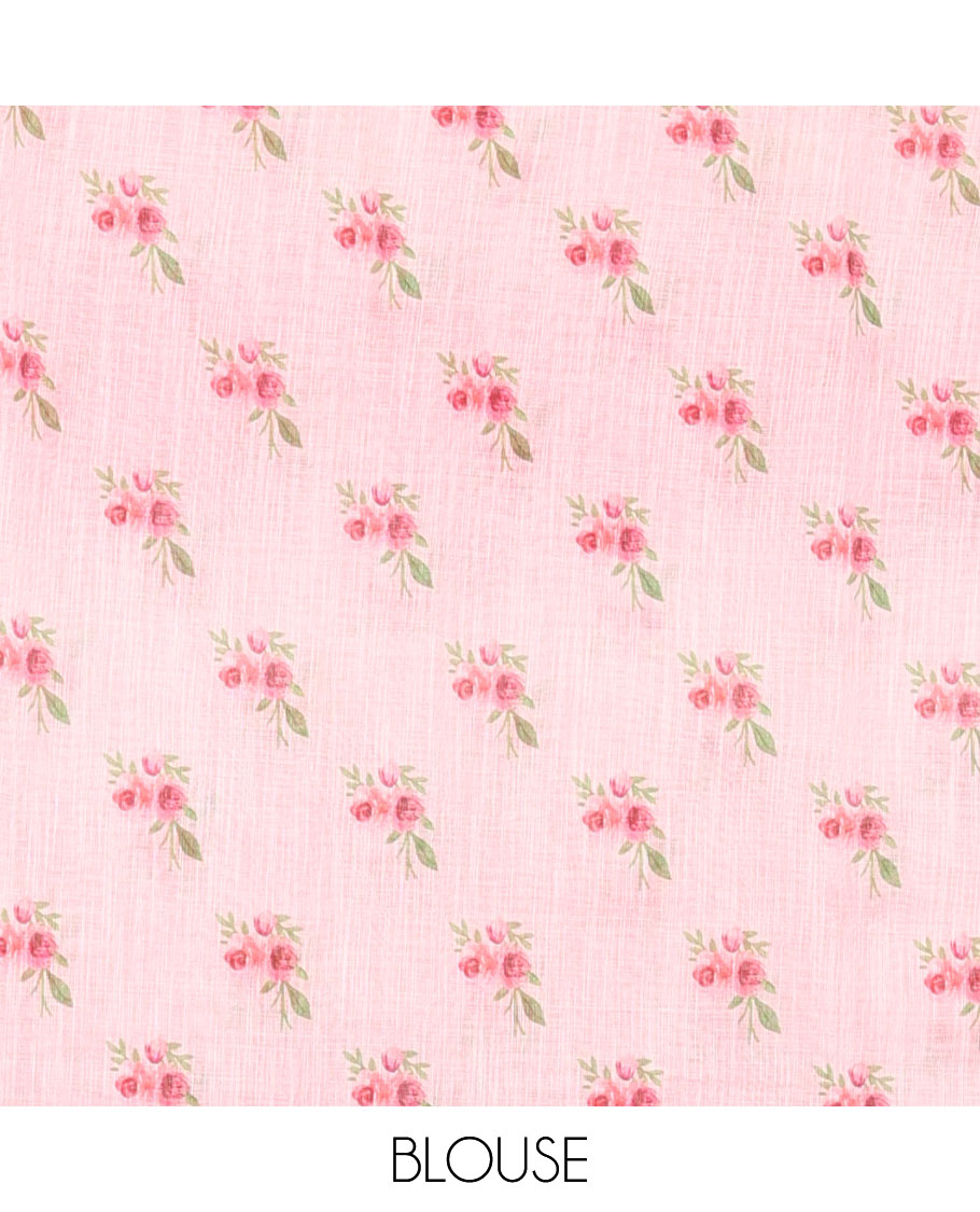 Borderless pink rangkat style dyed and floral printed linen cotton saree with a contrast printed blouse