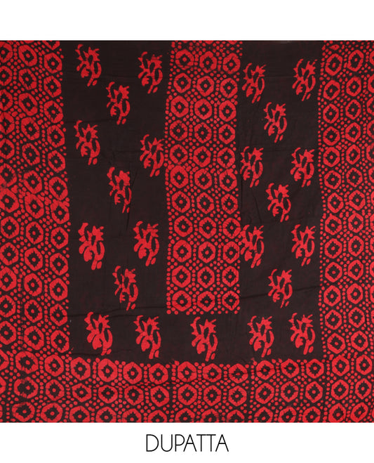Black Cotton Material Chudidar, Batik Printed Hakoba Work Top, Contrast Bottom, Batik Printed Dupatta