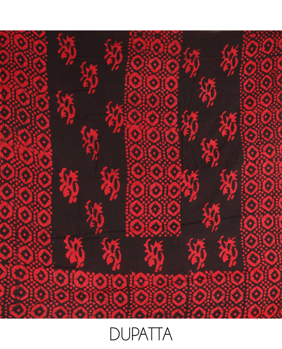 Black Cotton Material Chudidar, Batik Printed Hakoba Work Top, Contrast Bottom, Batik Printed Dupatta