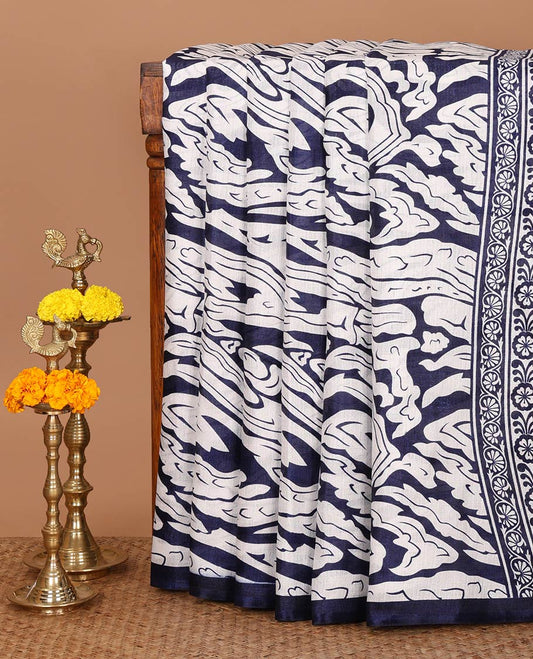 Borderless navy blue abstract-style fancy printed khadi cotton saree, floral-geometric printed pallu & navy blue printed blouse