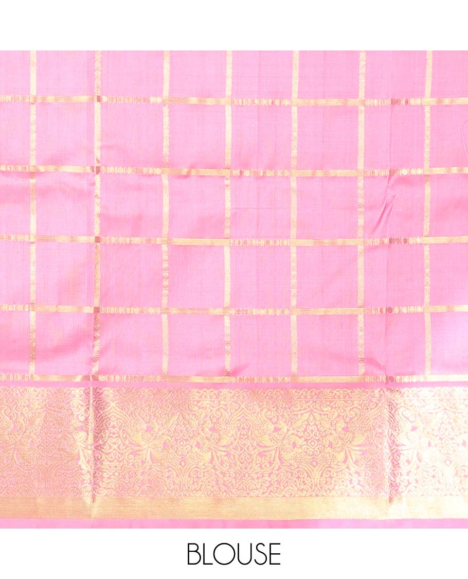 Pink checked design vengatagiri pure silk saree , contrast traditional design border &intricate zari design pallu