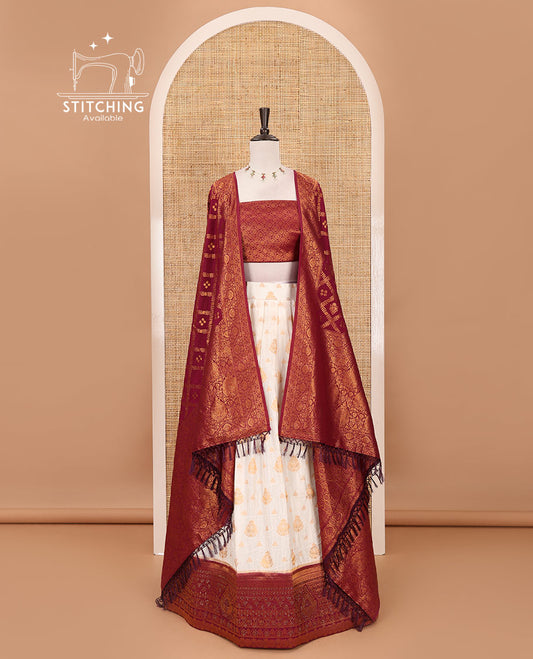 Cream georgette crepe halfsaree,zari buttas & traditional Swarovski stonework purple border skirt, jacquard blouse & banarasi jacquard dhavani