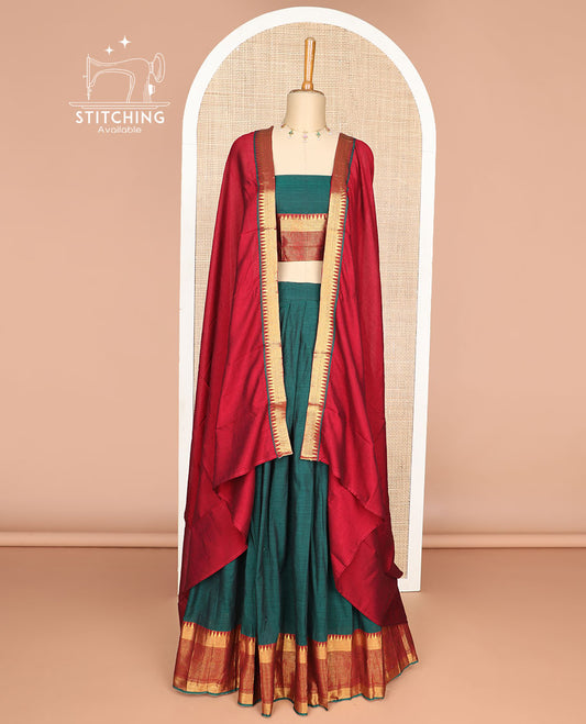 Dark green cotton half saree with checked, temple border, zari design blouse & zari design border dhavani