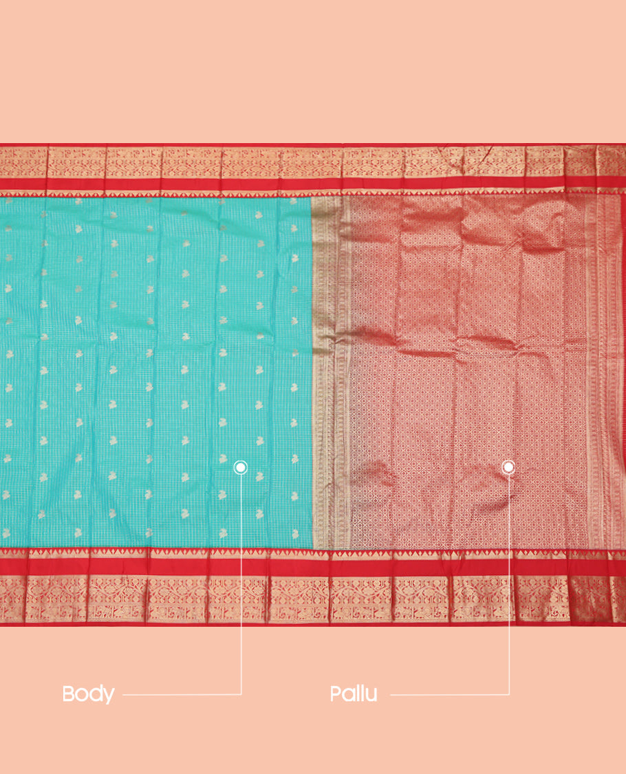Blue Contrast Zari Butta and Checks Budget Silk Saree