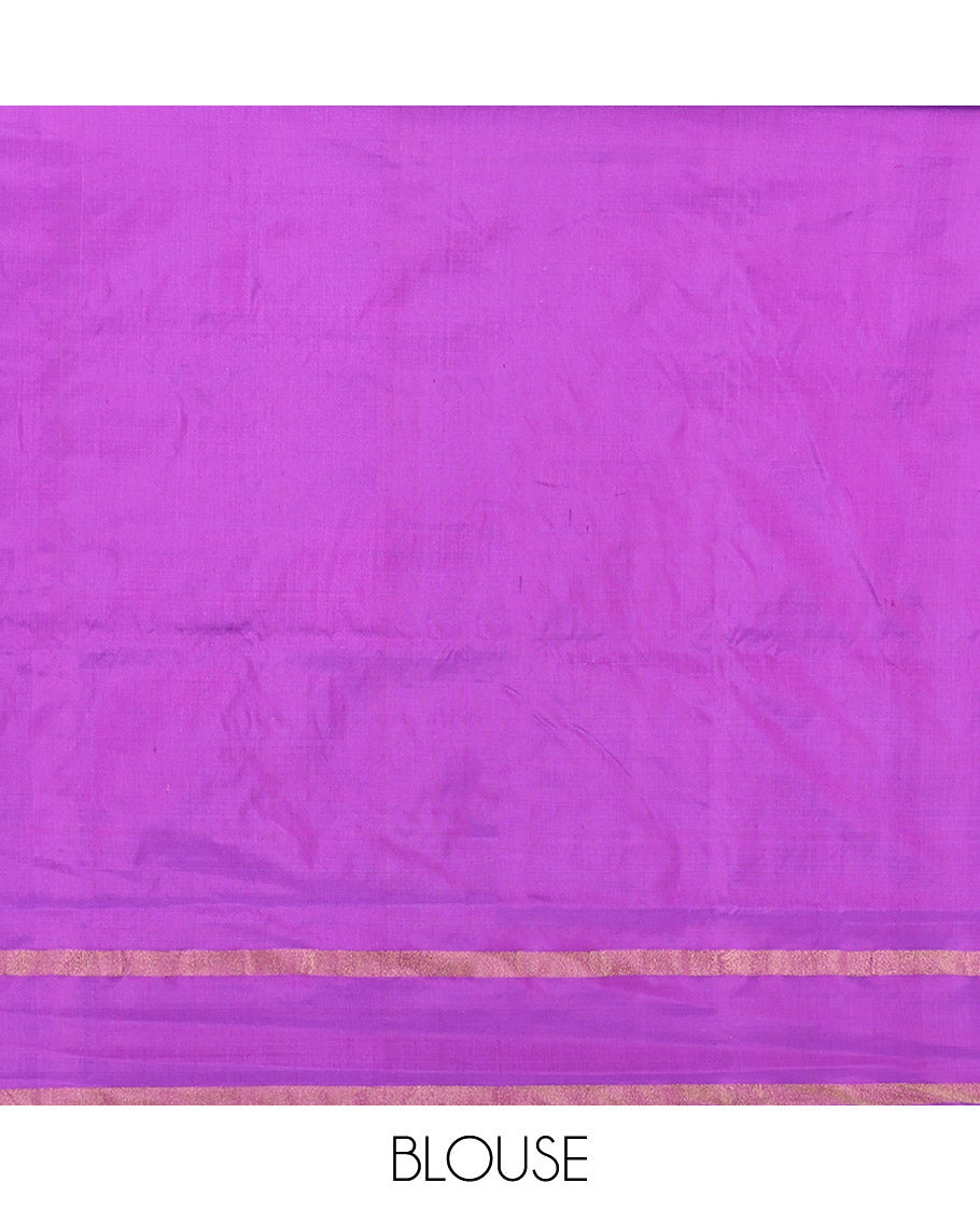 Cream Striped Pochampally Ikat Silk Saree, Complemented by a Contrast Ganga-Jamuna Border, Jaal Pallu, and a Contrast Blouse