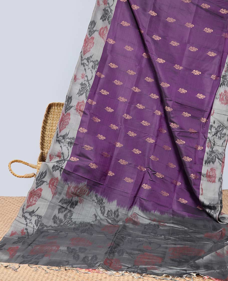 Purple floral motifs semi-soft silk saree with contrast border & floral vine design pallu